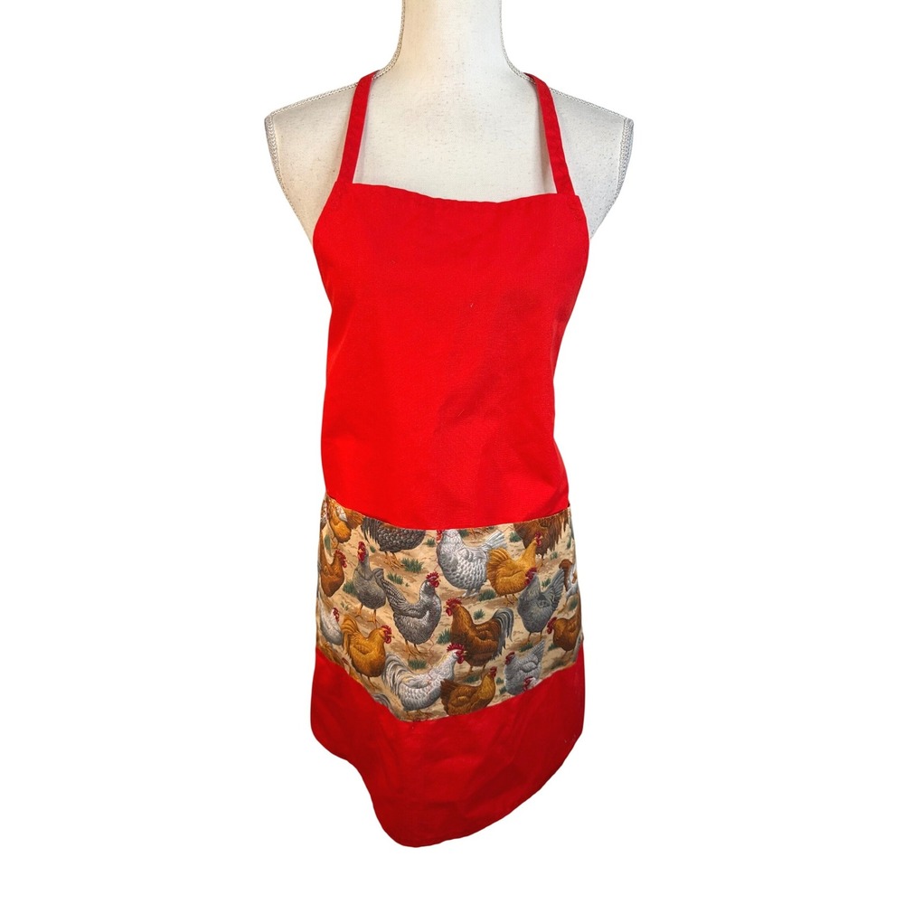 Handmade Women's Red Chicken Rooster Print Pocket Bib Kitchen Apron One Size
